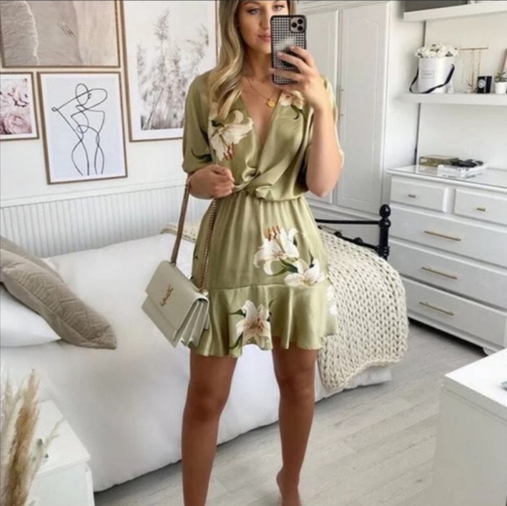 Zara Sage Green Satin Lily Dress